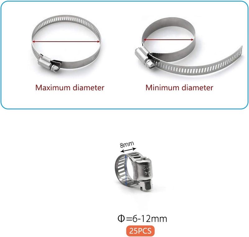 ZIPCCI Hose Clamp, 25 Pack Stainless Steel Worm Gear fuel line hose clamps, 6-12mm (1/4-1/2 inch) - Image 2